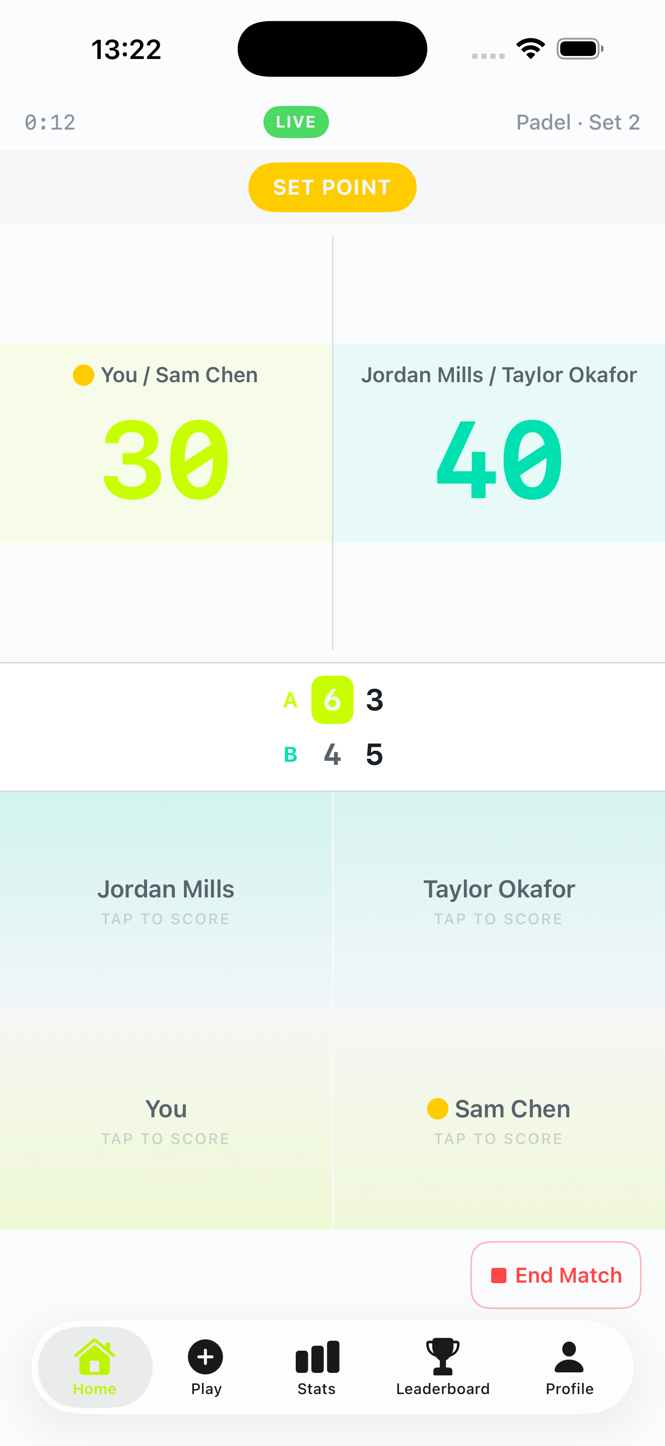 Live match scoring with SET POINT badge