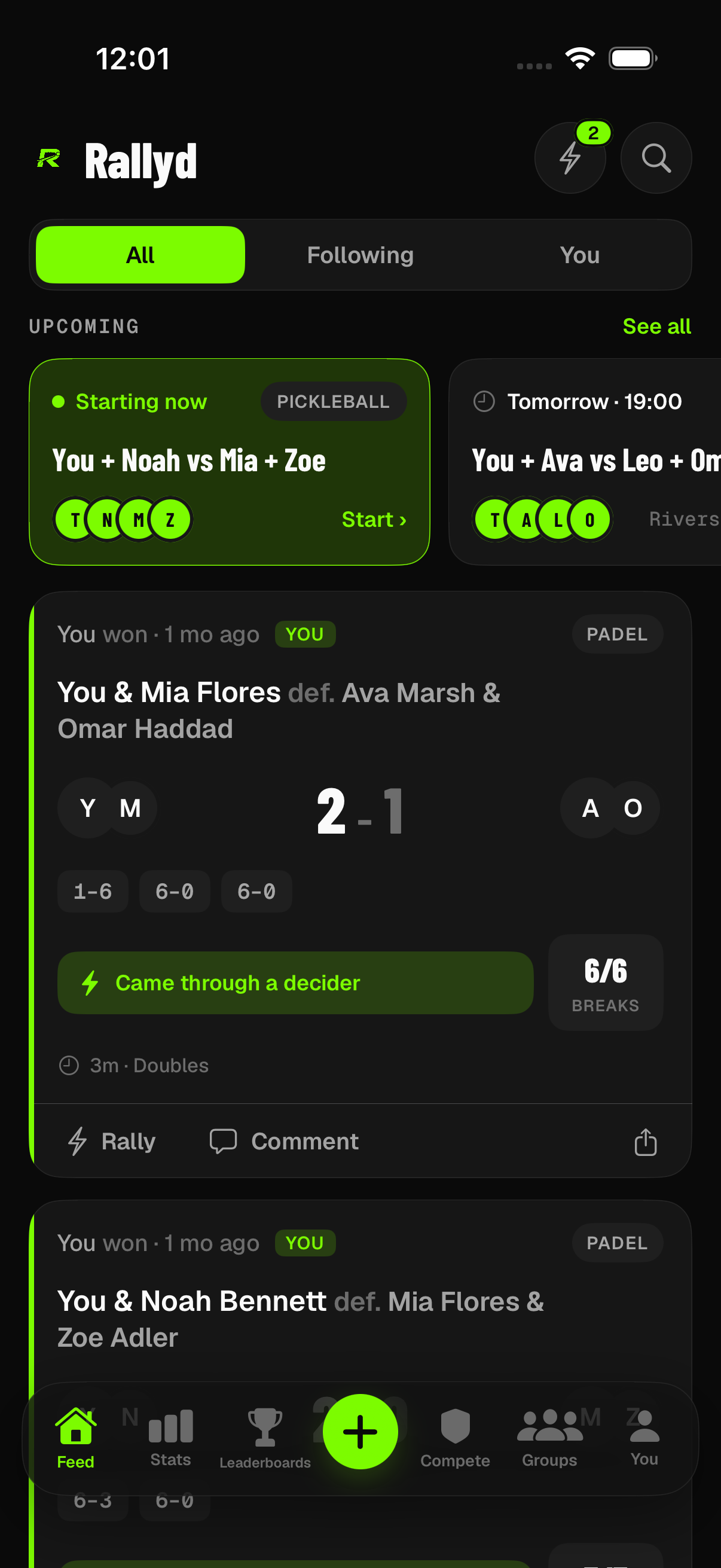 The Rallyd home feed showing recent matches, activity and upcoming games