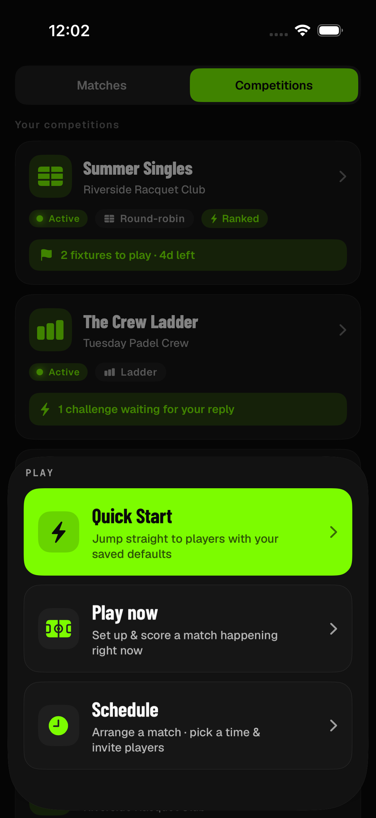 Starting or scheduling a match in Rallyd — Quick Start, Play now and Schedule